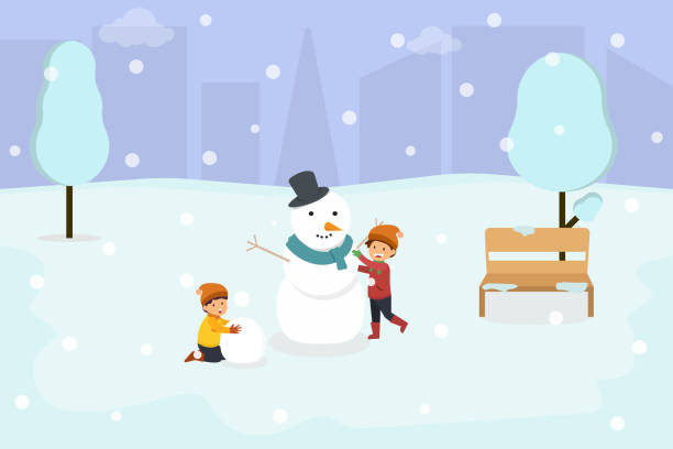 два маленьких мальчика делают снеговика в снежном парке - christmas child friendship little boys stock illustrations