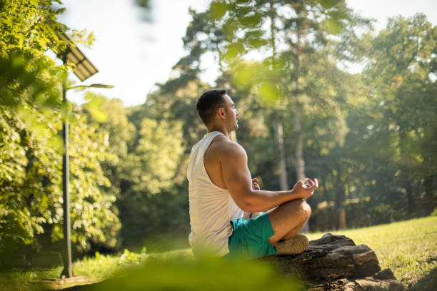 istock Young man working yoga in the park. 1315112209
