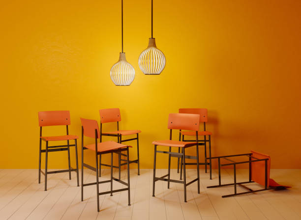 istock yellow room with orange chairs and ceiling lamp 3d rendering 1315112310
