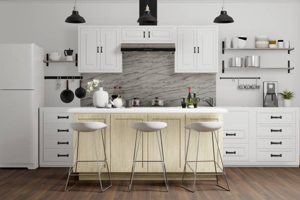 istock modern design of white kitchen with counter, 3d rendring 1315112352