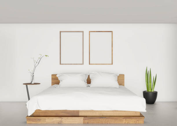 istock Japandi minimal interior of white bedroom with double bed, 3D rendering 1315112405
