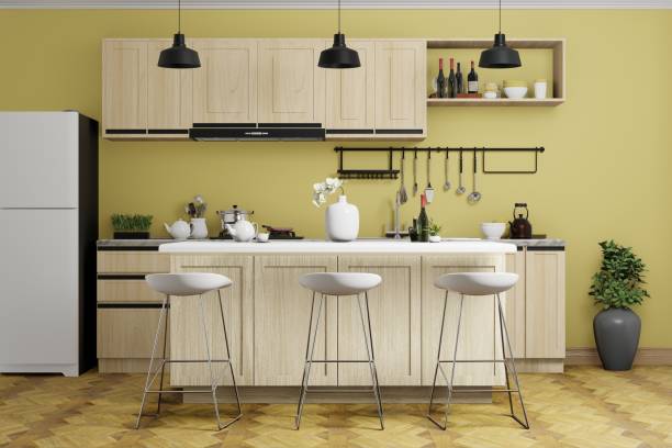 modern design of yellow kitchen with kitchen counter, 3d rendering