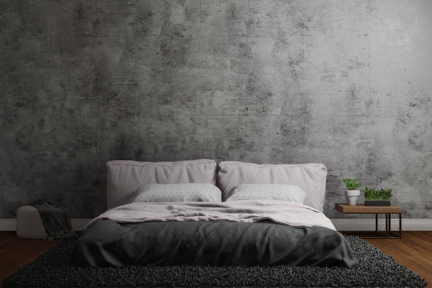istock interior design of bedroom with double bed and loft style wall, 3D rendering 1315112412