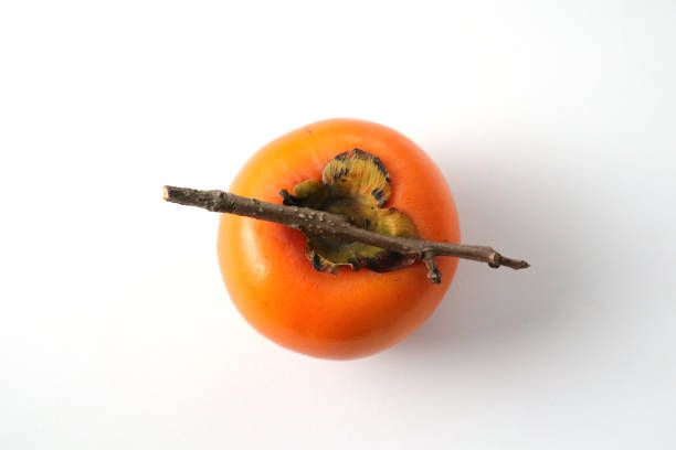 The photo of a japanese persimmon with a branch on the white background.