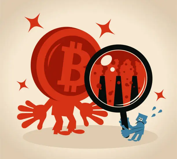 Vector illustration of Blue man holding a big magnifying glass showing dark chimneys pollution smoke, concept about bitcoin cryptocurrency and energy consumption (energy-intensive)