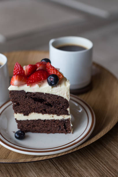 istock chocolate cake in white plate on wooden table background. 1315117451