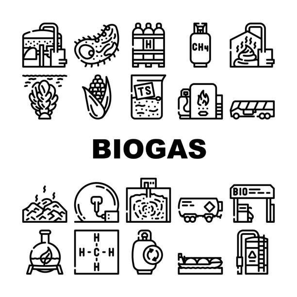 ilustrações, clipart, desenhos animados e ícones de ícones da coleta de combustível de energia de biogás definem vetor - digester