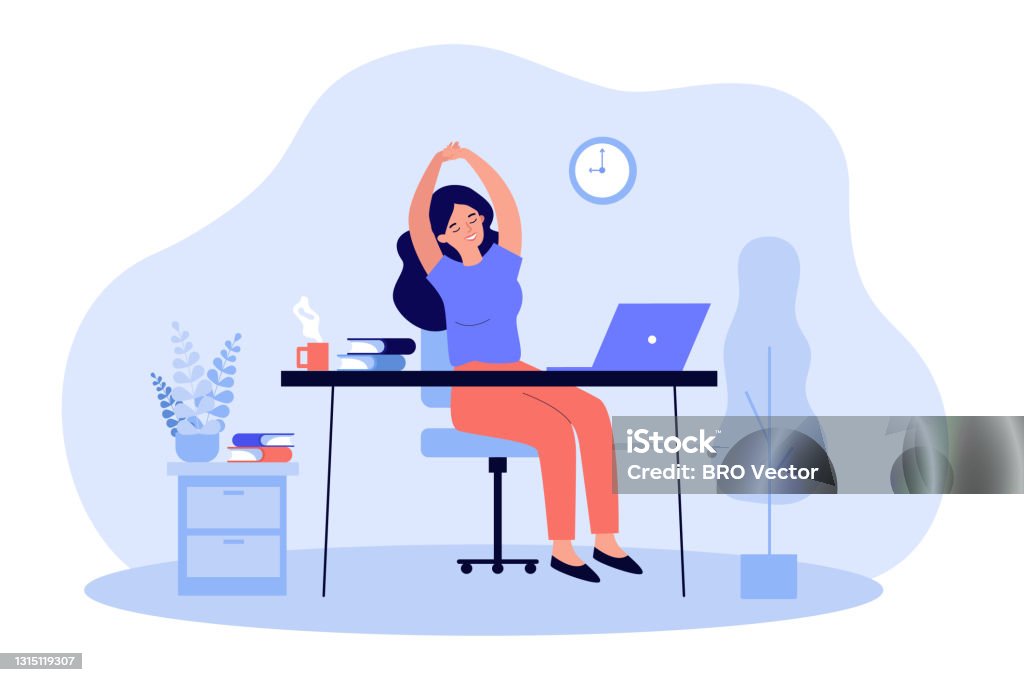 Happy young woman relaxing at workplace in office Happy young woman relaxing at workplace in office. Female employee sitting at desk with laptop and stretching during coffee break. Remote work, rest, job concept Working stock vector