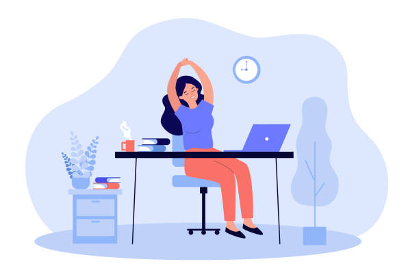 Happy young woman relaxing at workplace in office Happy young woman relaxing at workplace in office. Female employee sitting at desk with laptop and stretching during coffee break. Remote work, rest, job concept desk illustrations stock illustrations