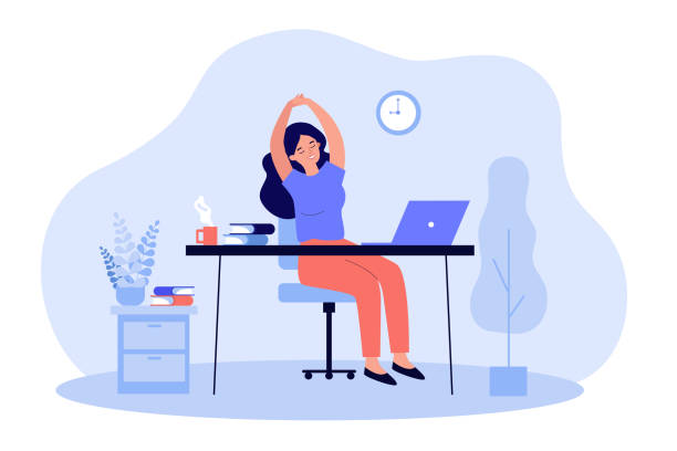 Happy young woman relaxing at workplace in office Happy young woman relaxing at workplace in office. Female employee sitting at desk with laptop and stretching during coffee break. Remote work, rest, job concept tired woman coffee stock illustrations