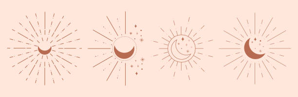 zestaw mistycznych księżyców liniowych ikon logo - spirituality star night sun stock illustrations