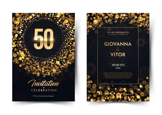 Vector illustration of 50th years birthday vector black paper luxury invitation double card. Fifty years wedding anniversary celebration brochure. Template of invitational for print dark background with bokeh lights