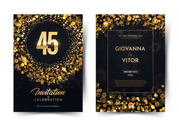 Vector illustration of 45th years birthday vector black paper luxury invitation double card. Forty five years wedding anniversary celebration brochure. Template of invitational for print dark background with bokeh lights