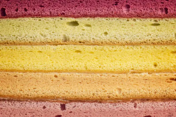 Colorful Rainbow Layered Sponge Cake Textured Background. Food and Catering Concept