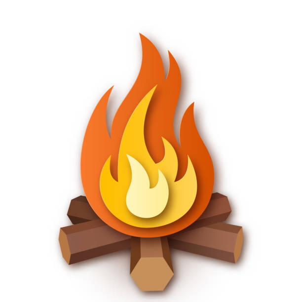 brennendes lagerfeuer oder lagerfeuer, brennholz mit feuer oder flamme. einfache vektor-illustration auf weißem hintergrund. papierschnitt-design - löschpapier stock-grafiken, -clipart, -cartoons und -symbole