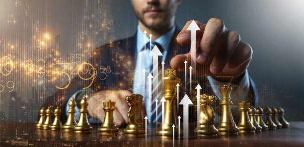 business strategy ideas concept with smart caucasian male in formal suit and golden chess board double exposure with virtual chart arrow successful growth profit and achievement background - growth global business global communications healthcare and medicine imagens e fotografias de stock