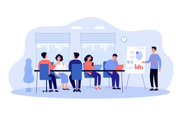 Speaker making boring presentation in office Speaker making boring presentation in office. Male manager character giving lecture with whiteboard to tiresome audience. Cartoon vector illustration. Meeting, training, team concept whiteboard visual aid stock illustrations