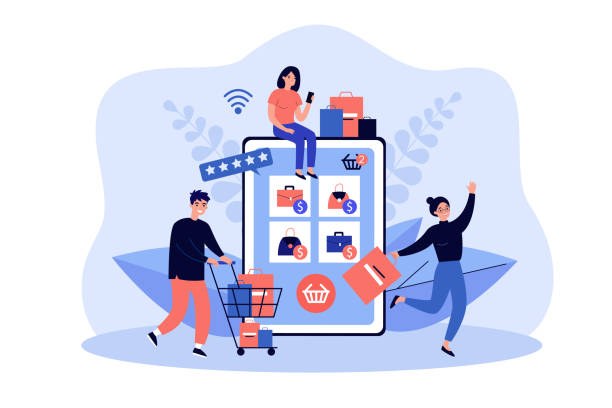 Tiny customers buying goods in online store using giant tablet Tiny customers buying goods in online store using giant tablet. Vector illustration. Group of shopaholic buyers with carts and shopping bags. Sale, online purchase, retail shop, Internet concept selling designs stock illustrations
