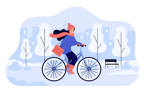 Vector illustration of Happy girl riding bicycle in winter park