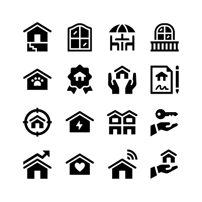 Simple Set of Real Estate Related Vector Glyph Icons. Contains Icons as Basement, Window, Terrace, Balcony and more.