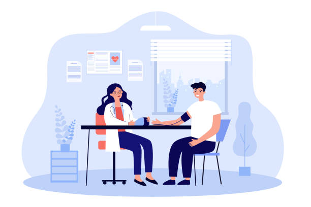 Female doctor measuring blood pressure of patient at clinic Female doctor measuring blood pressure of patient at clinic. Ill or sick person sitting at physicians office, getting consultation. Cartoon vector illustration. Cardiology, hospital or medical concept blood pressure medication stock illustrations