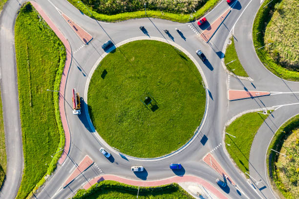 traffic circle from above - traffic roundabout imagens e fotografias de stock