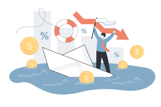 Tiny person with business problems Tiny person with business problems. Down arrow, company failure, loss and debt flat vector illustration. Bankruptcy, economy, financial crisis concept for banner, website design or landing web page sinking boat stock illustrations