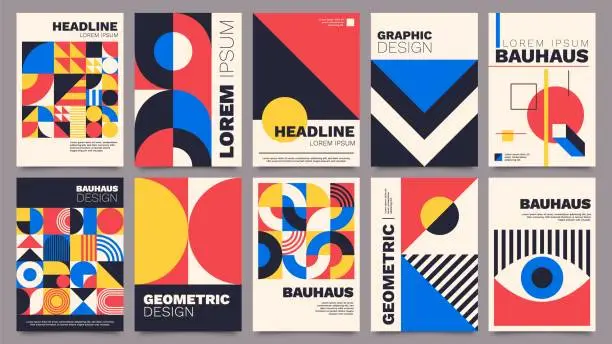 Vector illustration of Geometric posters. Bauhaus cover templates with abstract geometry. Retro architecture minimal shapes, forms, lines and eye design vector set