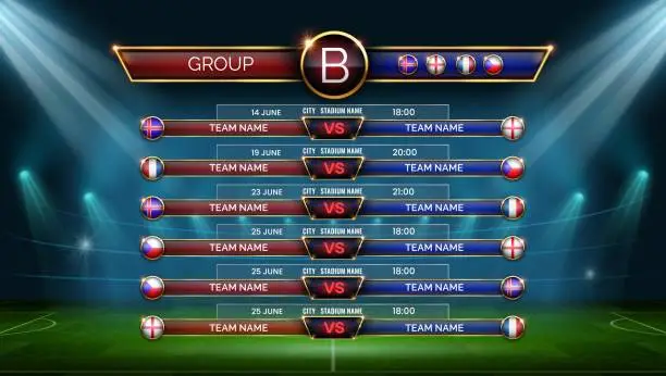 Vector illustration of Football world cup schedule. Soccer calendar for matches in group. Table with date, location and country flags on stadium, vector template