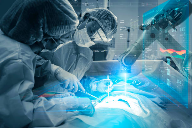 sala operatoria anatomia medico o chirurgo su macchina di chirurgia robotica avanzata interfaccia virtuale futuristica, chirurgia robotica sono precisione, miniaturizzazione futuro di domani sanità e benessere - chirurgia robotica foto e immagini stock