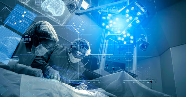 手術室医師または外科医の解剖学高度なロボット手術機械未来的な仮想インターフェイス、ロボット手術は、明日のヘルスケアとウェルネスの精度、小型化の未来です - 医療処置 ストックフォトと画像