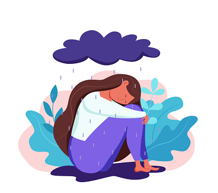 Depressed Sad Lonely Woman In Anxiety Sorrow Vector Cartoon Illustration Loneliness Concept Of Depression With Stressed Girl Under Rain Holding Her Knees Need Psychotherapy Help Empathy Support Stock Illustration - Download Image Depressed Sad Lonely Woman In Anxiety Sorrow Vector Cartoon Illustration Loneliness Concept Of Depression With Stressed Girl Under Rain Holding Her Knees Need Psychotherapy Help Empathy Support Stock Illustration - Download Image