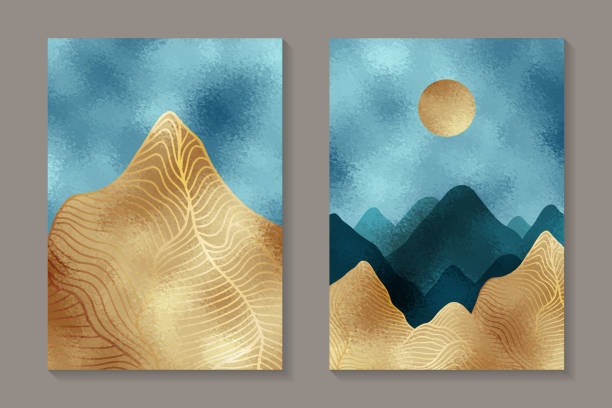 istock Abstract backgrounds with golden mountains and sun in the blue sky. 1315133636