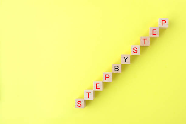 istock Upward graph composed by wooden block with STEP BY STEP word 1315135257