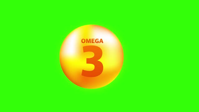 Vitamin omega 3 with realistic drop on gray background. Particles of vitamins in the middle. Motion graphics.