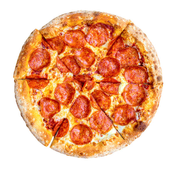 istock Fresh tasty pizza with pepperoni isolated on white background. Top view 1315136557