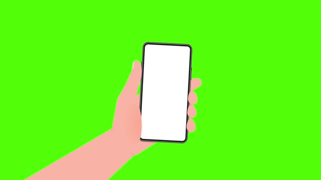 Hand holds phone with blue screen. Phone on white background. Motion graphics.