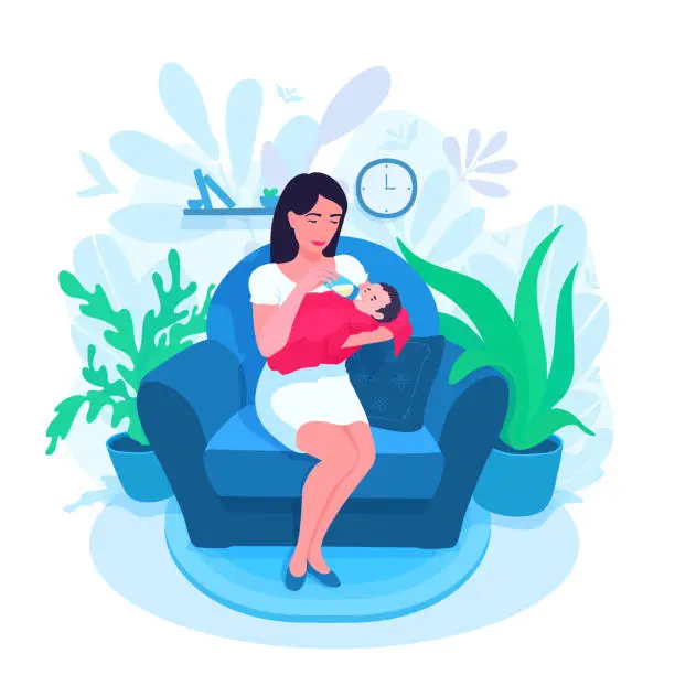 Vector illustration of A mother feeds her baby with a baby bottle. The formula, milk. The woman sitting in an armchair and nourishes a newborn. Floral background.