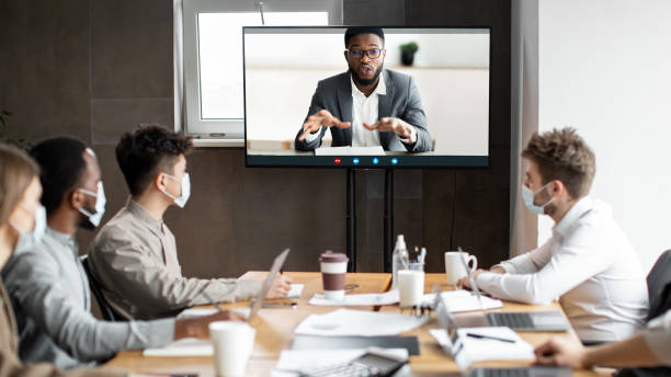 istock Black ceo making online video call to employees 1315138381