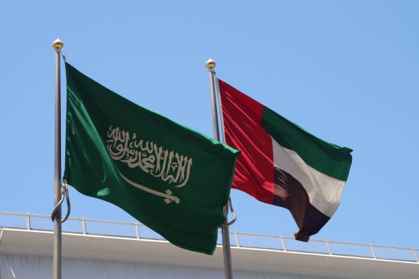 drapeaux nationaux de l’arabie saoudite et des émirats arabes unis agitant sur des mâts de drapeau dans le ciel.  les nations les plus influentes du golfe arabe. - flag of the united arab emirates photos et images de collection