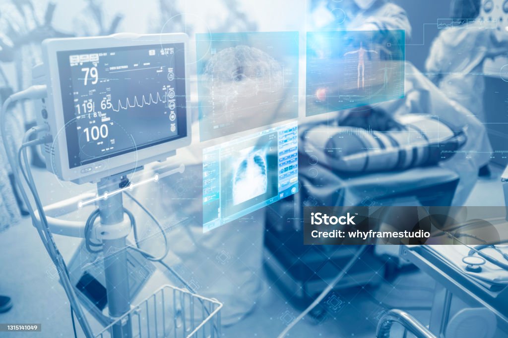 Innovative technology in a modern hospital operating room futuristic medical interface concept Keeping a close monitor on the patient's state of health Hospital Stock Photo