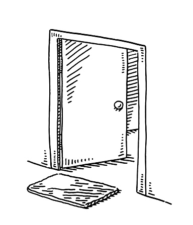 Hand-drawn vector drawing of an Open Apartment Door And Doormat. Black-and-White sketch on a transparent background (.eps-file). Included files are EPS (v10) and Hi-Res JPG.