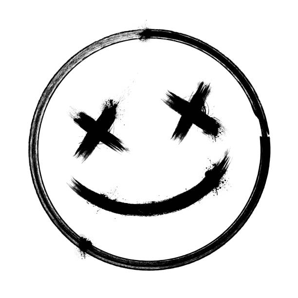 ilustraciones, imágenes clip art, dibujos animados e iconos de stock de vector de miedo dibujado a mano emoji muerto, pincel de tinta muerto emoticono icono sonriente en un fondo blanco - punk