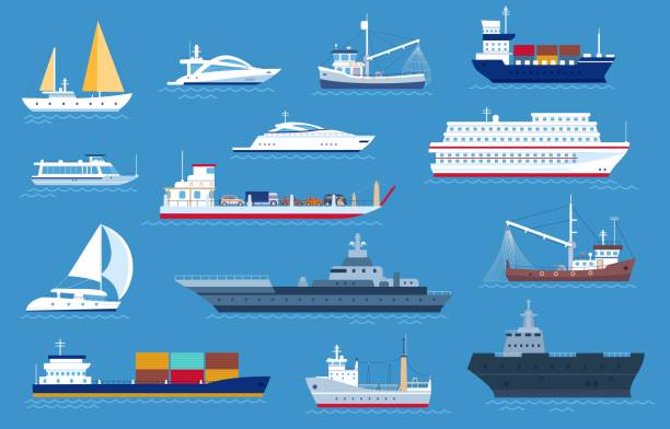 illustrazioni stock, clip art, cartoni animati e icone di tendenza di barche da mare. navi da pesca e da carico, yacht, barca da navigazione, transatlantico da crociera, motoscafo e nave da guerra militare. set vettoriale di trasporto barche a vela - traghetto