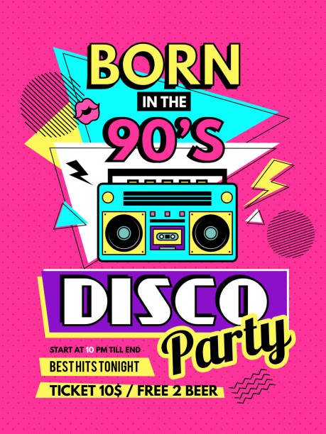 Retro poster. 80s style placard party invitation 90s music elements radio boombox recent vector template for design projects Retro poster. 80s style placard party invitation 90s music elements radio boombox recent vector template for design projects. Illustration 90s poster, invitation music party design 1990s style stock illustrations
