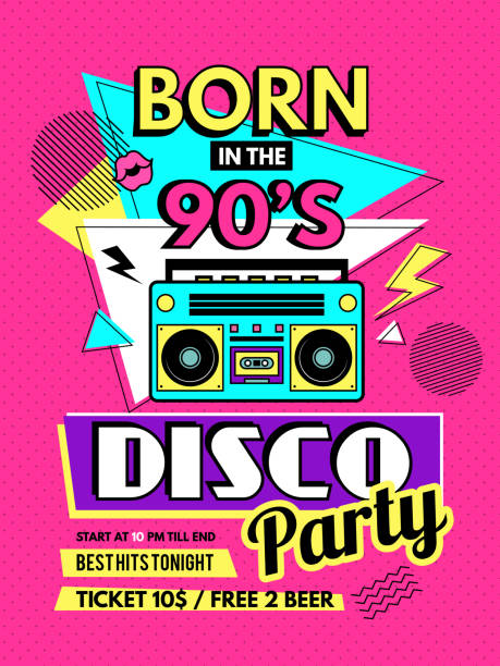 Retro poster. 80s style placard party invitation 90s music elements radio boombox recent vector template for design projects Retro poster. 80s style placard party invitation 90s music elements radio boombox recent vector template for design projects. Illustration 90s poster, invitation music party design Invitation stock illustrations