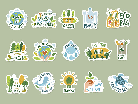 Ecology stickers. Save green earth planet clean environment eco labels recent vector badges colored illustrations isolated. Earth ecological sticker, green recycle badge