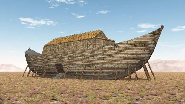 Computer generated 3D illustration with the Ark of Noah in a landscape
