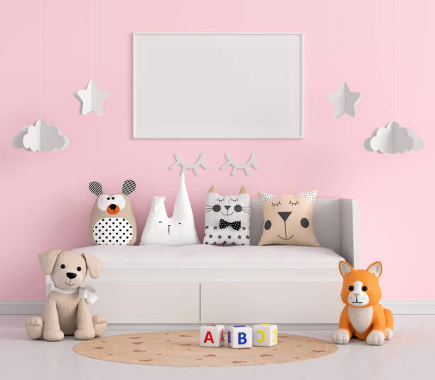 istock Pink child bedroom with frame mockup, 3D rendering 1315145099
