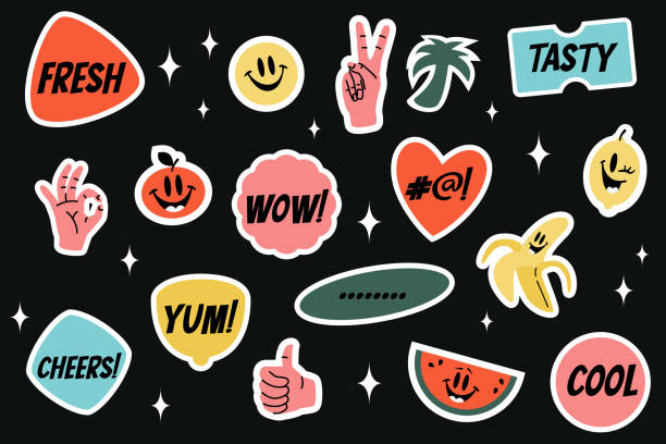 Yummy Sticker Set Yummy sticker set with comic characters such as banana, lemon, watermelon, tomato, smiling face. Vector colorful sticker templates isolated on black background. hand sign illustrations stock illustrations